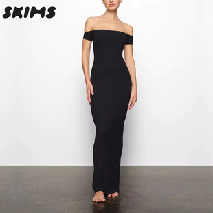 显瘦短袖 SKIMS LOUNGE一字领塑身衣修身 SOFT 包臀及地连衣裙 HIRE