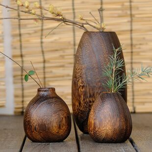 插花 花零配茶道花瓶摆件花瓶 实木器小花瓶木质日式木台面烧桐