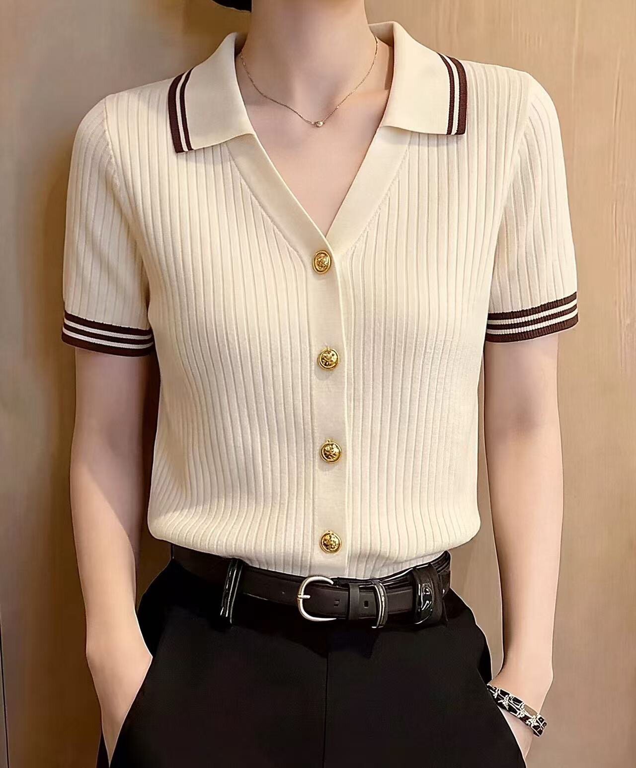 设计感小众独特漂亮女夏季米白色polo领针织短袖t恤宽松开衫上衣