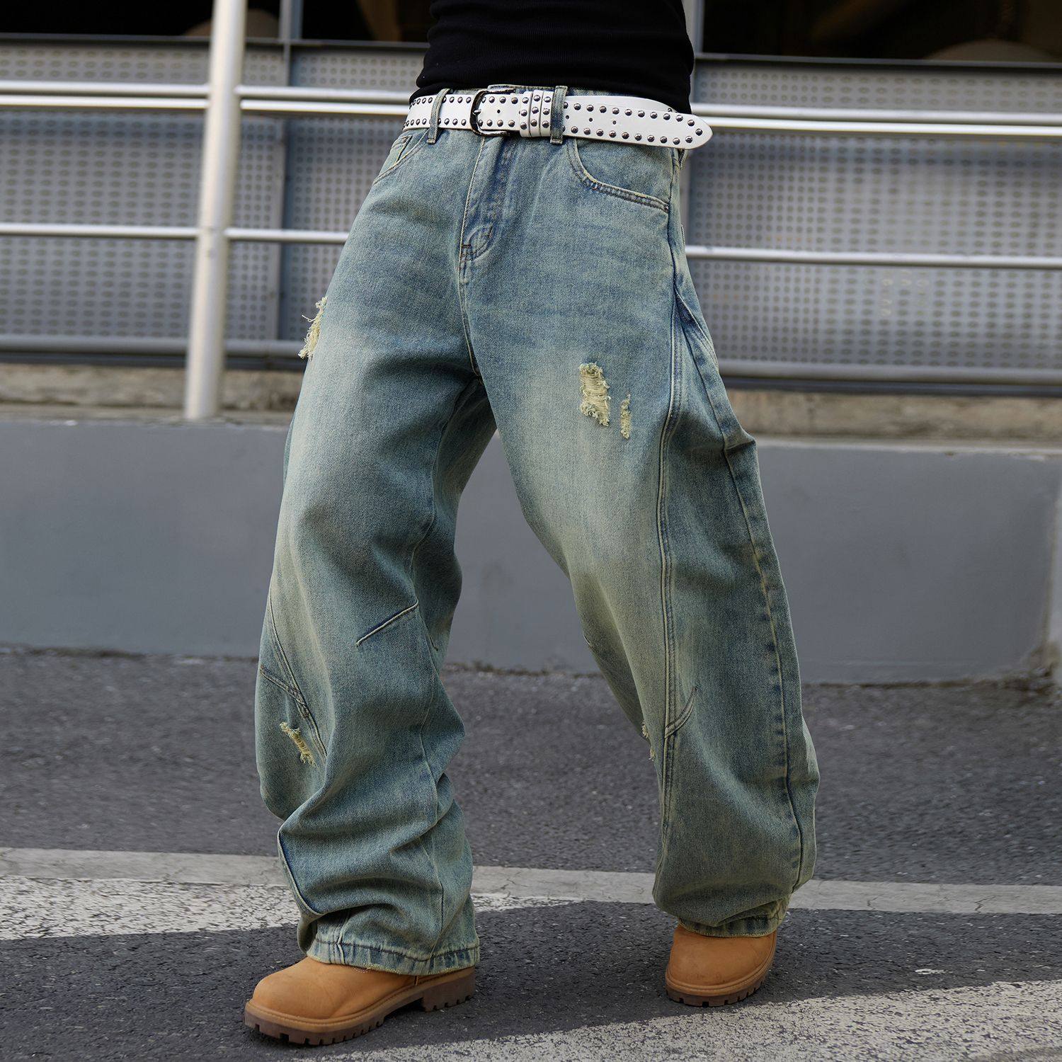 NO48巴黎风复古破洞弯刀牛仔裤