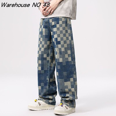 NO48巴黎风高街宽松棋盘格牛仔裤