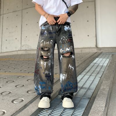 巴黎风美式复古破洞涂鸦牛仔裤男