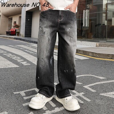 NO48巴黎风美式直筒泼墨牛仔裤