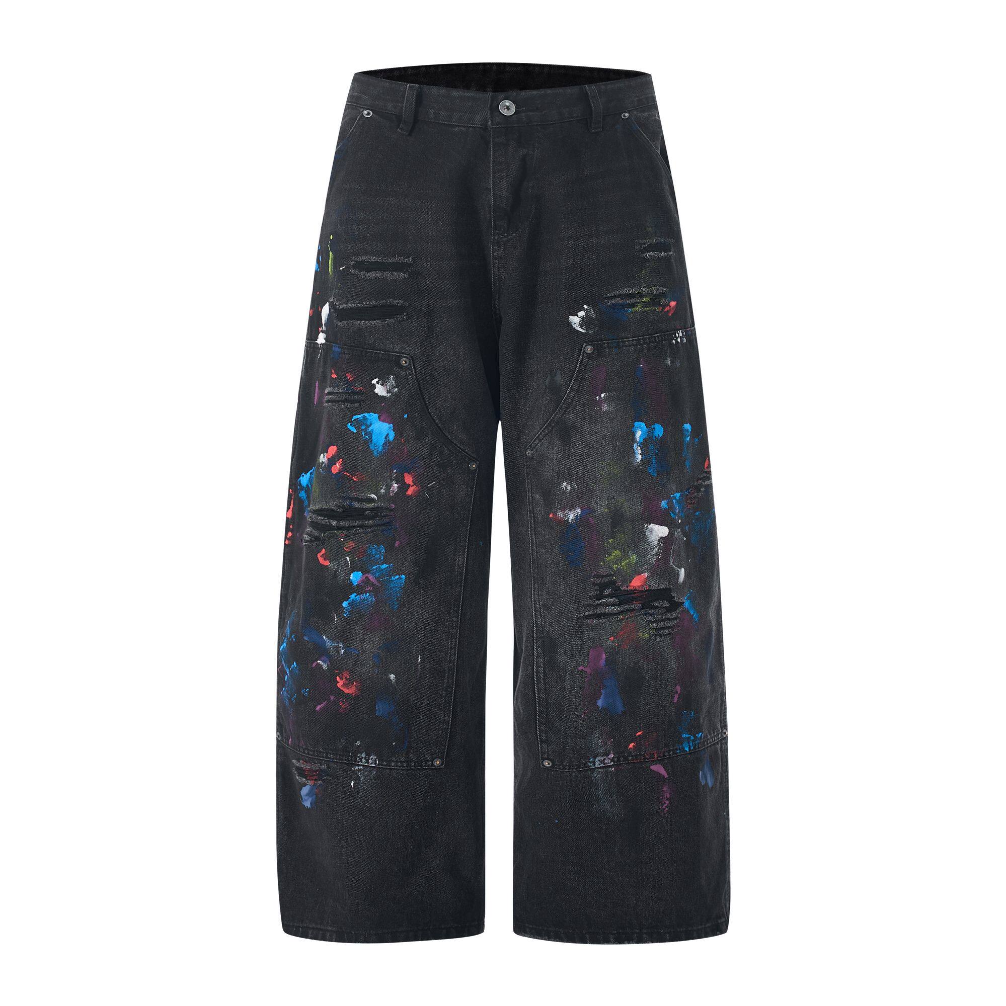 NO48泼墨假破洞牛仔裤男女款