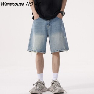痞帅短裤 NO48巴黎风美式 阔腿裤 男款 高街潮牌宽松直筒破洞牛仔裤