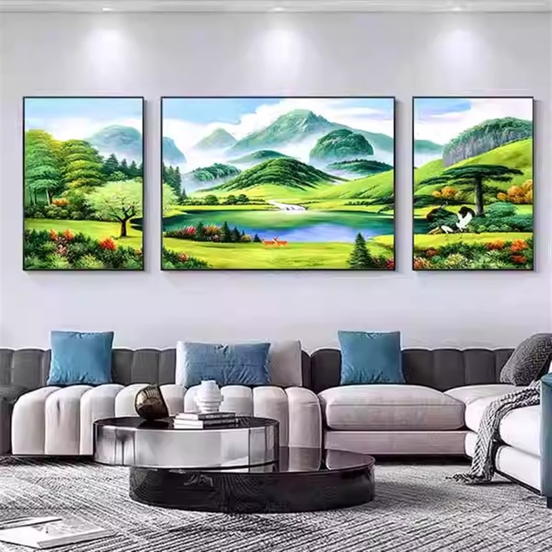 山水风景客厅装饰画2024新款大气现代简约挂画三联沙发背景墙壁画
