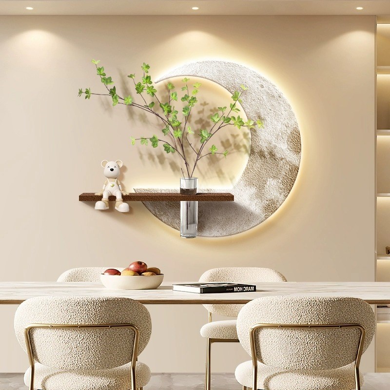 高级感月亮餐厅装饰画水培绿植电视沙发背景墙挂画玄关客厅壁灯画
