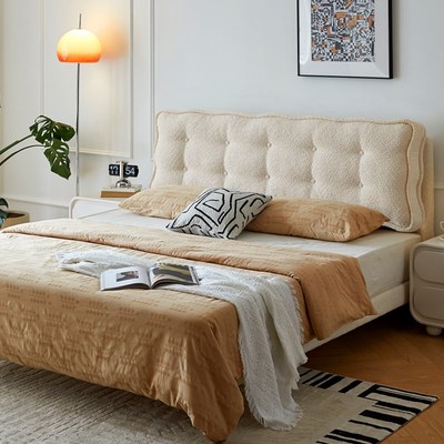 法式奶油风实木悬浮床波浪软包床可拆洗布艺无床头床卧室齐边婚床