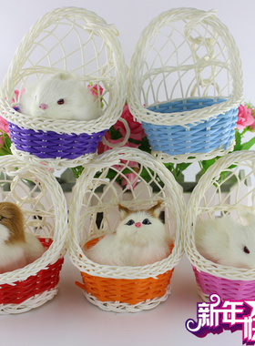 工艺品摆件真皮毛仿真猫狗兔吊篮家庭装饰拍摄道具朋友玩具礼品
