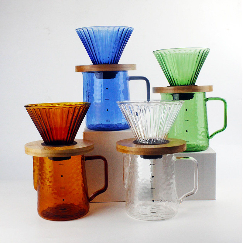 彩色耐热玻璃手冲咖啡壶套装 v60咖啡滤杯锤纹刻度分享杯子滴漏壶