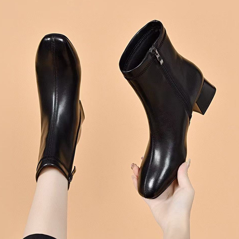 羊皮小短靴女软皮粗跟2025新款真皮美拉德瘦瘦靴百搭裸靴春秋单靴,女鞋,时装靴,淘宝优惠券,粉丝福利购,淘宝优惠卷