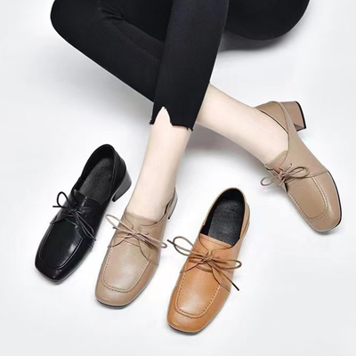 头层羊皮方头系带中跟真皮女鞋2025年春季新款深口英伦风舒适单鞋