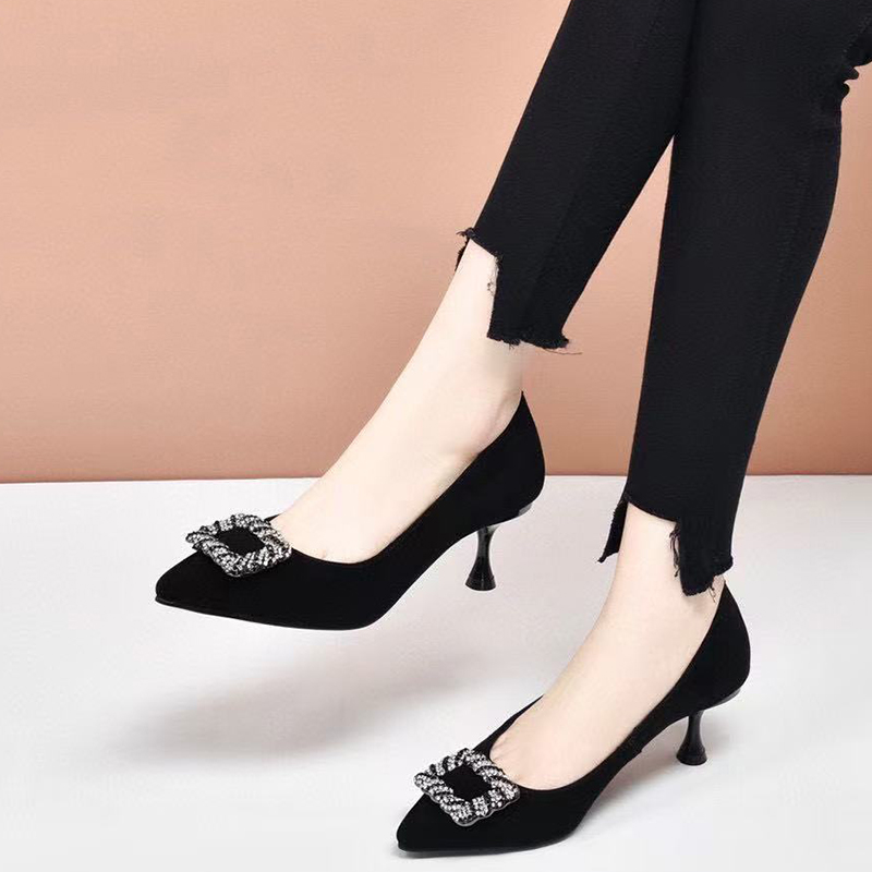 尖头高跟鞋女细跟黑色浅口单鞋2025春季新款百搭中跟真皮夏季女鞋