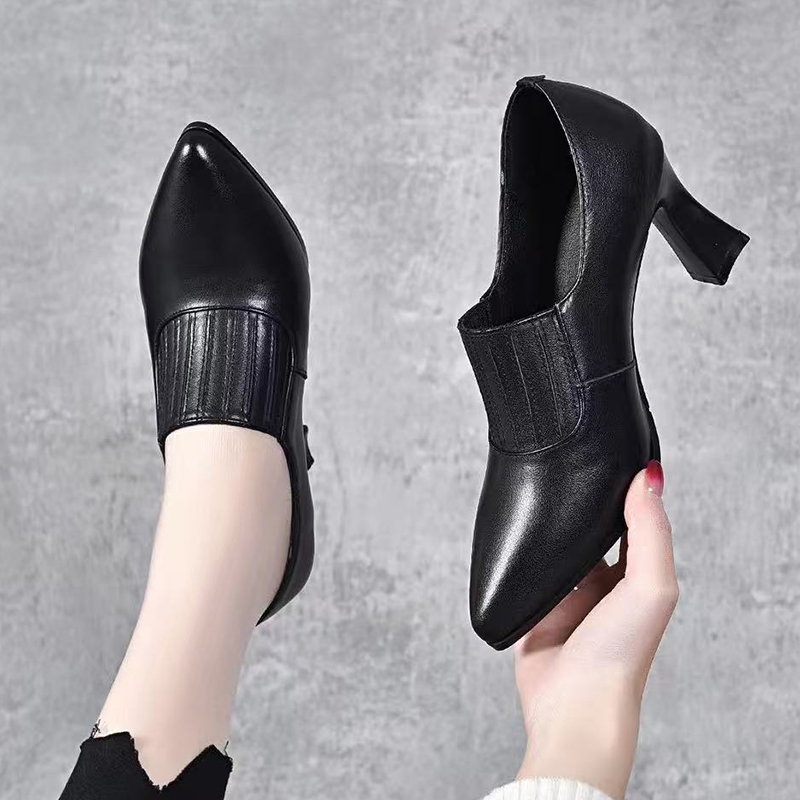 真皮气质高跟鞋女2025年春季新款尖头深口一脚蹬百搭中跟小皮鞋女