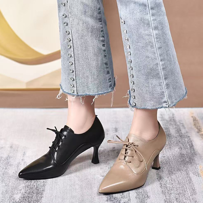 2025春秋新款细跟深口高跟鞋气质真皮尖头单鞋系带百搭黑色女皮鞋