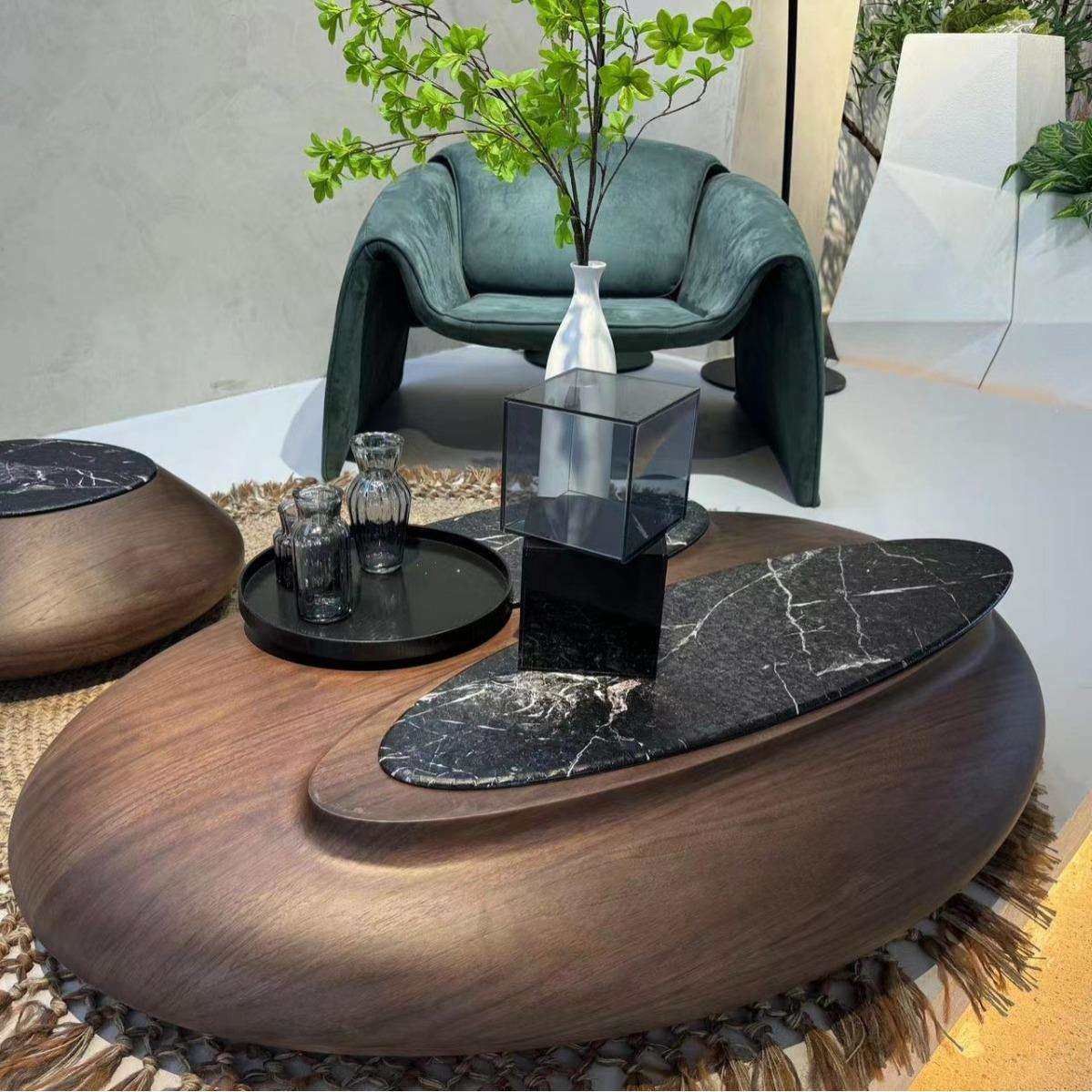 北美黑胡桃木实木茶几大户型设计感意式客厅鹅卵石椭圆形茶几组合