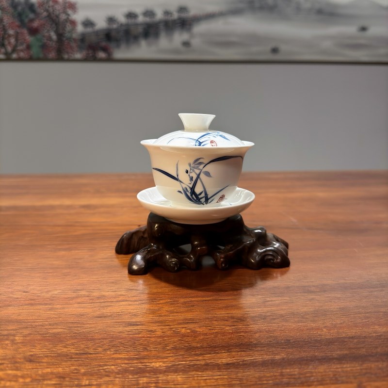 手绘青花瓷手绘兰花盖碗三才盖碗茶杯白瓷功夫泡喝陶瓷茶具中式