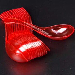 红色婚庆喜宴一次性勺子塑料商用甜品勺饭勺大号水晶勺2000个调羹