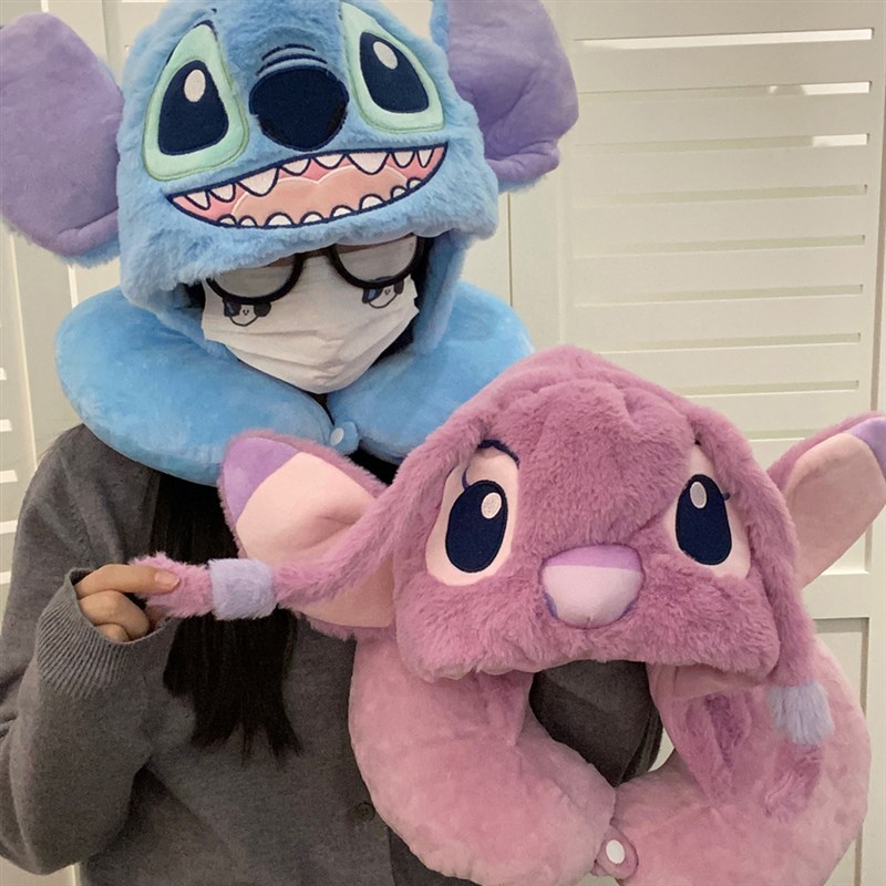 可爱立体大耳朵史迪仔连帽U型枕可携式旅行车载飞机睡觉遮光护脖