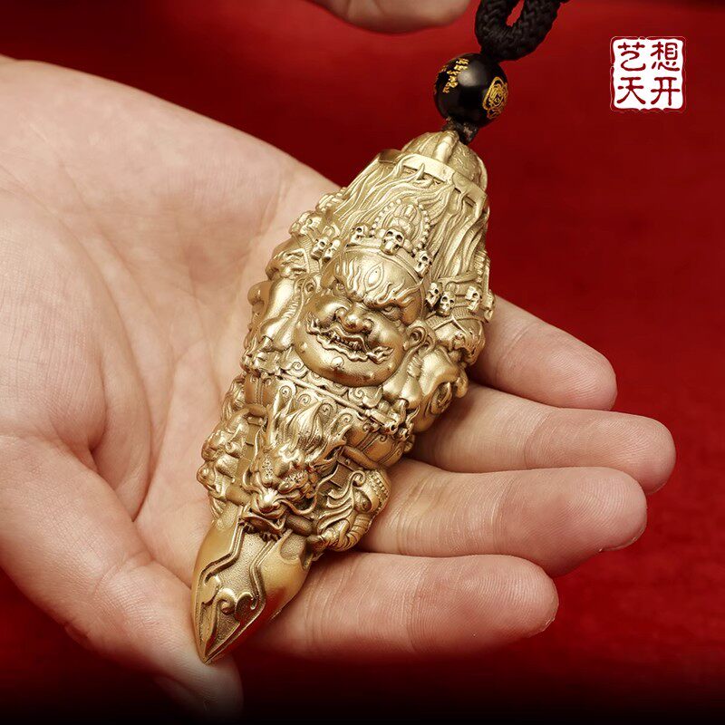 全铜金刚降魔杵手把件男士随身护身符四面佛像三面法器黄财神菩萨