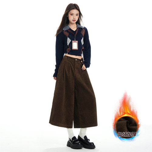 【呼呼严选专享】灯芯绒秋冬加绒八分阔腿裤女高腰保暖显瘦韩系