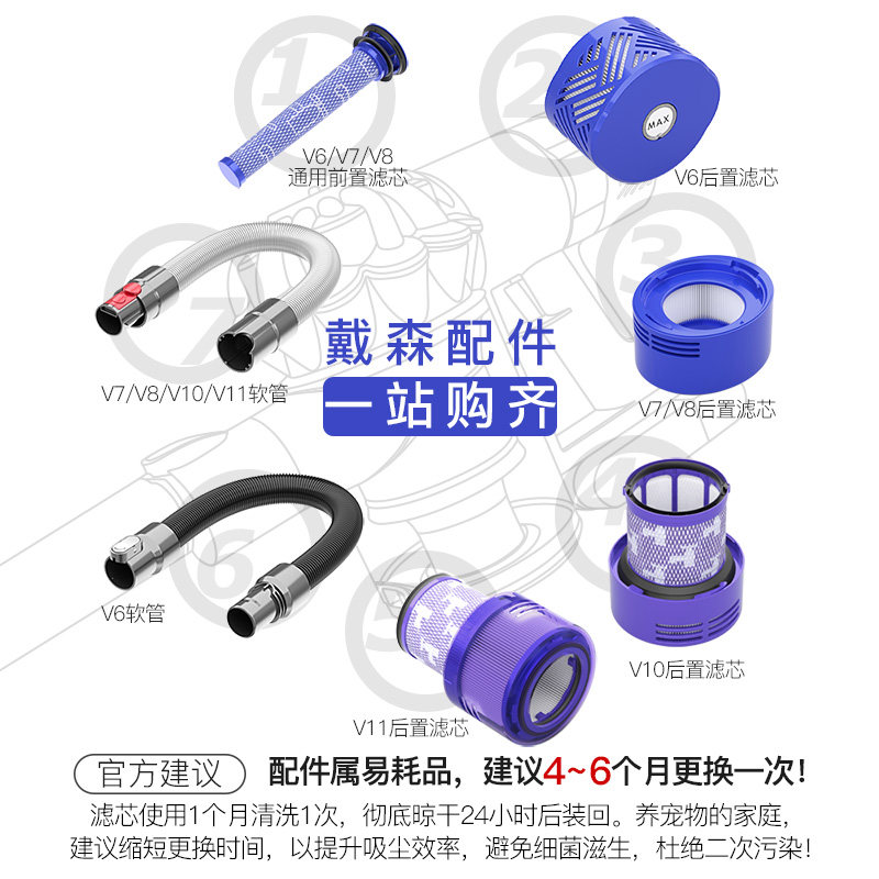 适配戴森dyson吸尘器配件V6前置滤芯V7V8后置滤网V10V11延长软管