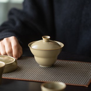 定窑黄葫芦盖碗茶杯单个大号陶瓷功夫茶具家用复古手工折腰泡茶碗