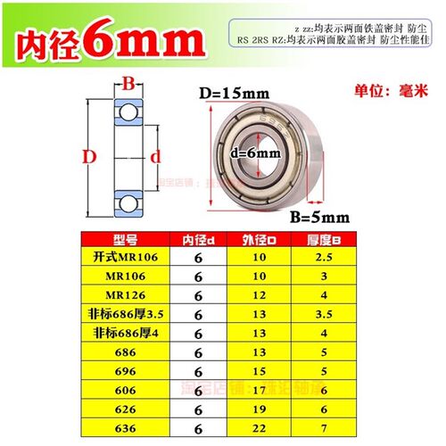 微型小轴承MR106 MR126 686 696 606 626 636 ZZ RS内径6mm深沟球
