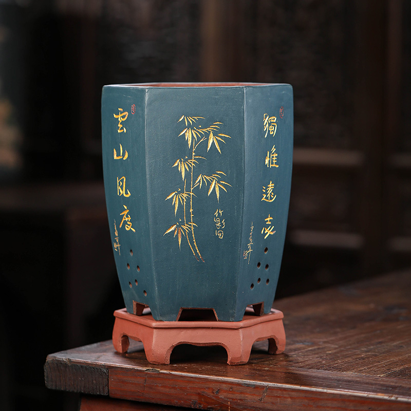 紫砂兰花盆陶瓷客厅六方君子兰春兰惠兰寒兰墨兰草花盆专用带托盘