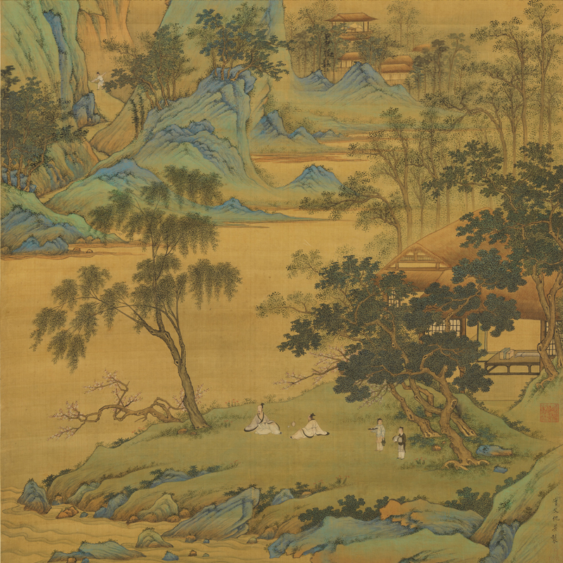 仇英春山吟赏图国画微喷复制客厅书房茶室装饰挂画卷轴仿古山水画