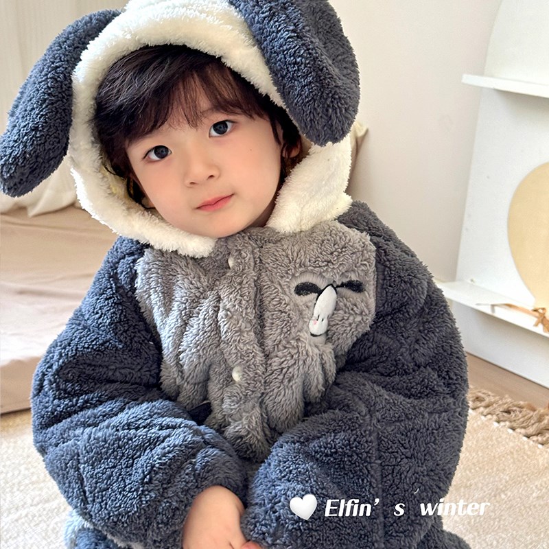 冬季新款儿童睡衣男女童三层夹棉加绒加厚睡衣可爱卡通家居服套装