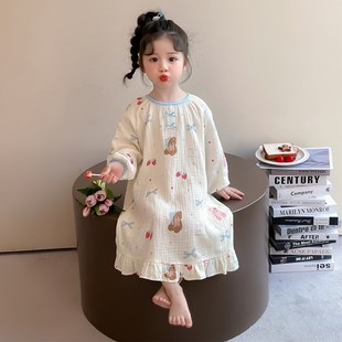 2025新款女童睡裙纯棉纱布女宝宝长袖儿童睡衣女孩春秋公主家居裙