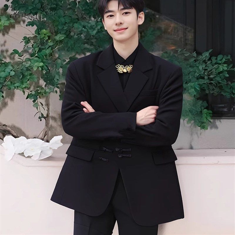 新中式国风面试西装套装男订婚宴会中山装男新郎结婚西装外套男