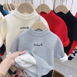 男童毛衣一体绒打底衫加绒圆领儿童纯棉毛线衣红色秋冬新款童装女