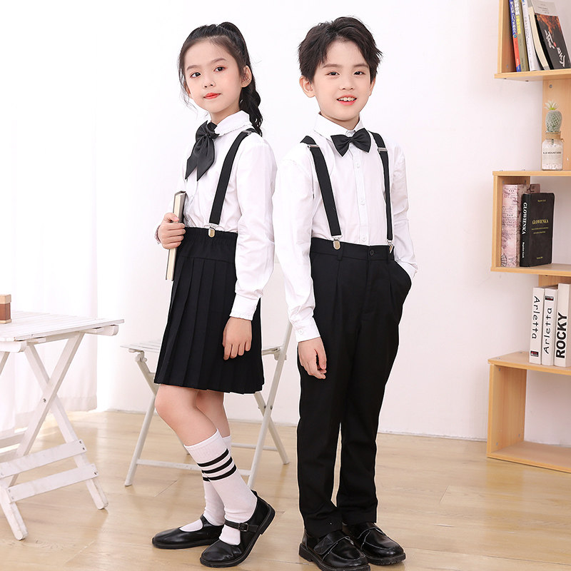 儿童白衬衫长袖黑裤子套装男女孩小学生表演大合唱生日礼钢琴服