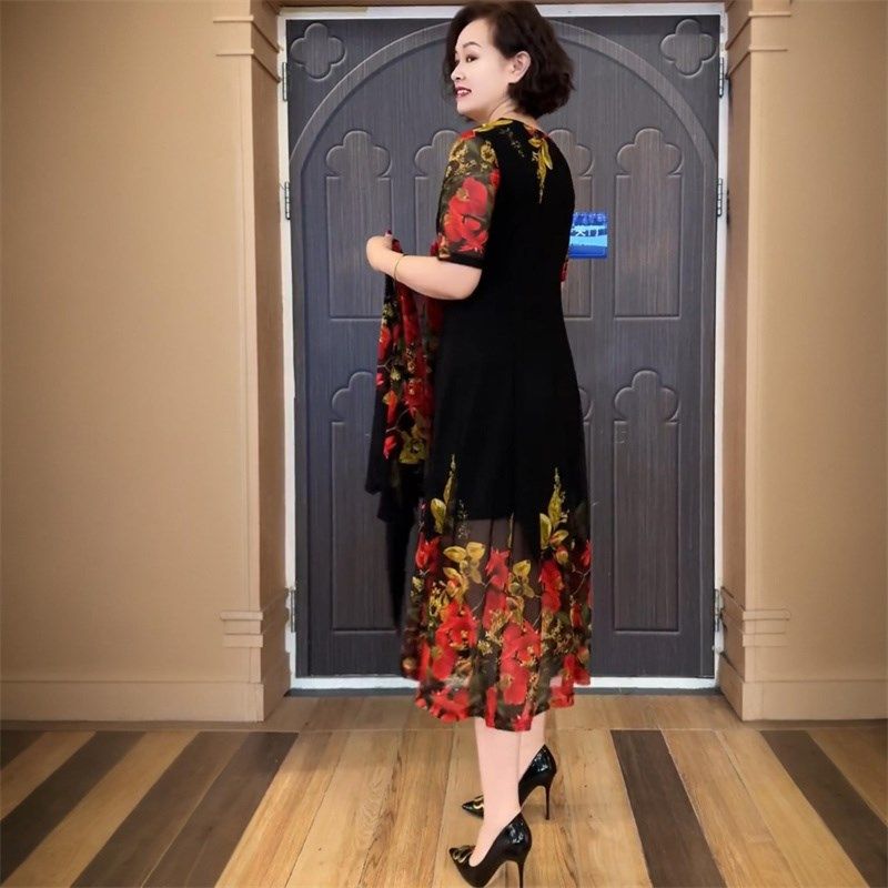 夏季长袖防晒洋气外披+连衣裙妈妈弹力时尚大码大摆长裙两件套装