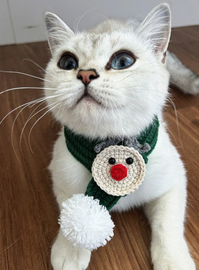 猫咪圣诞老人红色帽子白球头套针织围脖红色围巾小狗宠物节日衣服