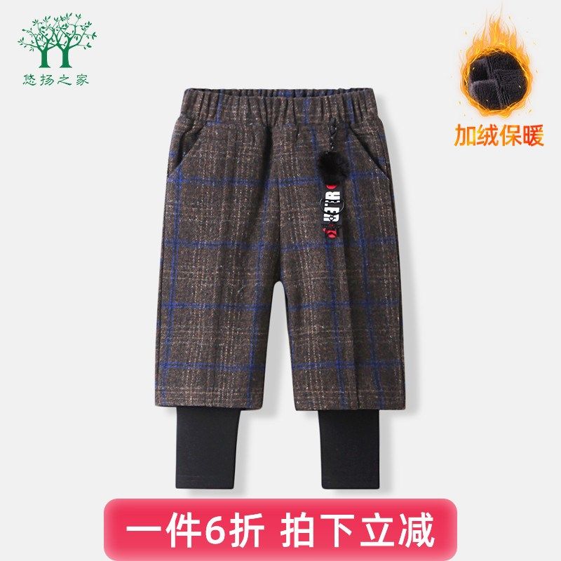 女童打底裤假两件秋冬款加绒阔腿裤中小童裤子宝宝加厚儿童长裤