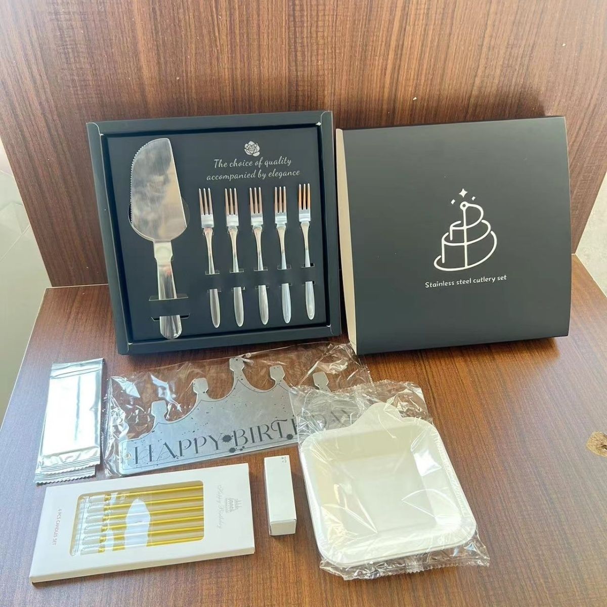 不锈钢高档刀叉蛋糕餐盘套装生日蛋糕餐具蜡烛盒装定制合一组合