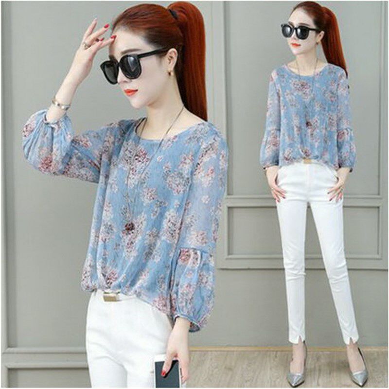 碎花雪纺衫女长袖2024春秋季新款宽松灯笼袖上衣女夏装遮肚子小衫