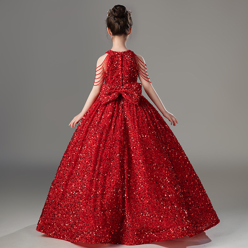 儿童礼服高端女童生日公主裙小主持人钢琴演出服模特走秀服装红色