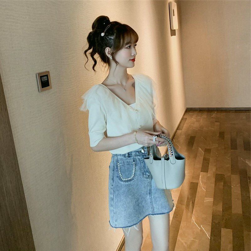 女新款裙子法式上衣春夏V领两件套网纱2025女装雏菊超a针织衫套装