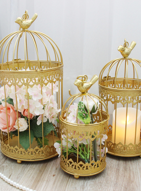金色装饰鸟笼铁艺装饰品家居多肉盆栽盘花盆多功能家居饰品摆件