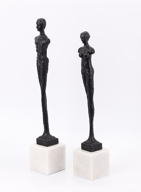 复古雕塑铸铁大理石摆件样板房间客厅书房软装饰品抽象创意人物