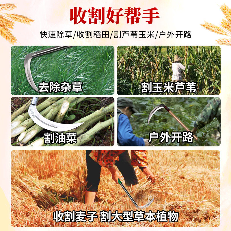 锋利镰刀割稻谷锰钢农用割草刀不锈钢柄户外长柄全钢弯刀钓鱼除草,农机/农具/农膜,镰刀,淘宝优惠券,粉丝福利购,淘宝优惠卷