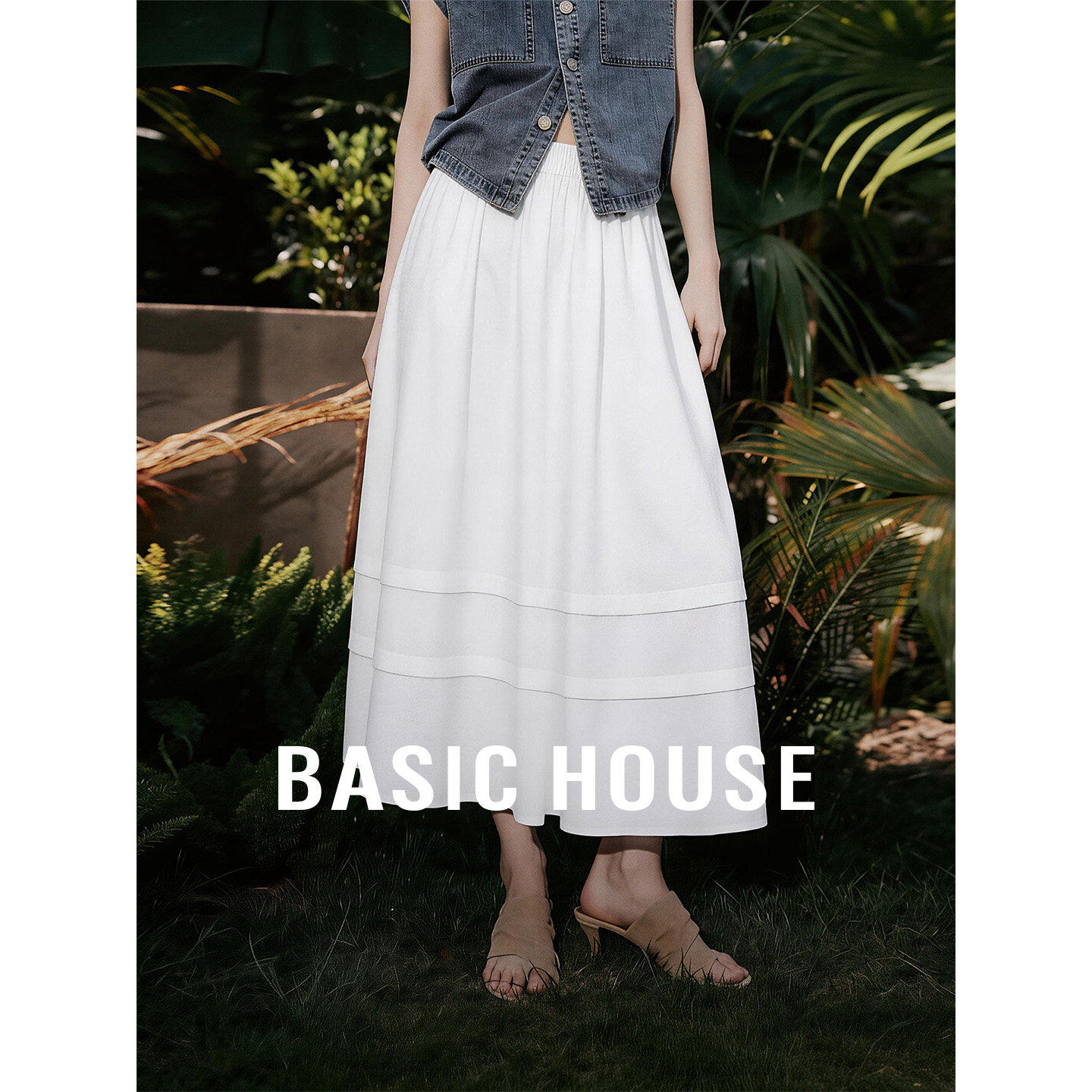 Basic House/百家好法式棉麻白色半身裙女夏季高腰休闲百搭摆伞裙