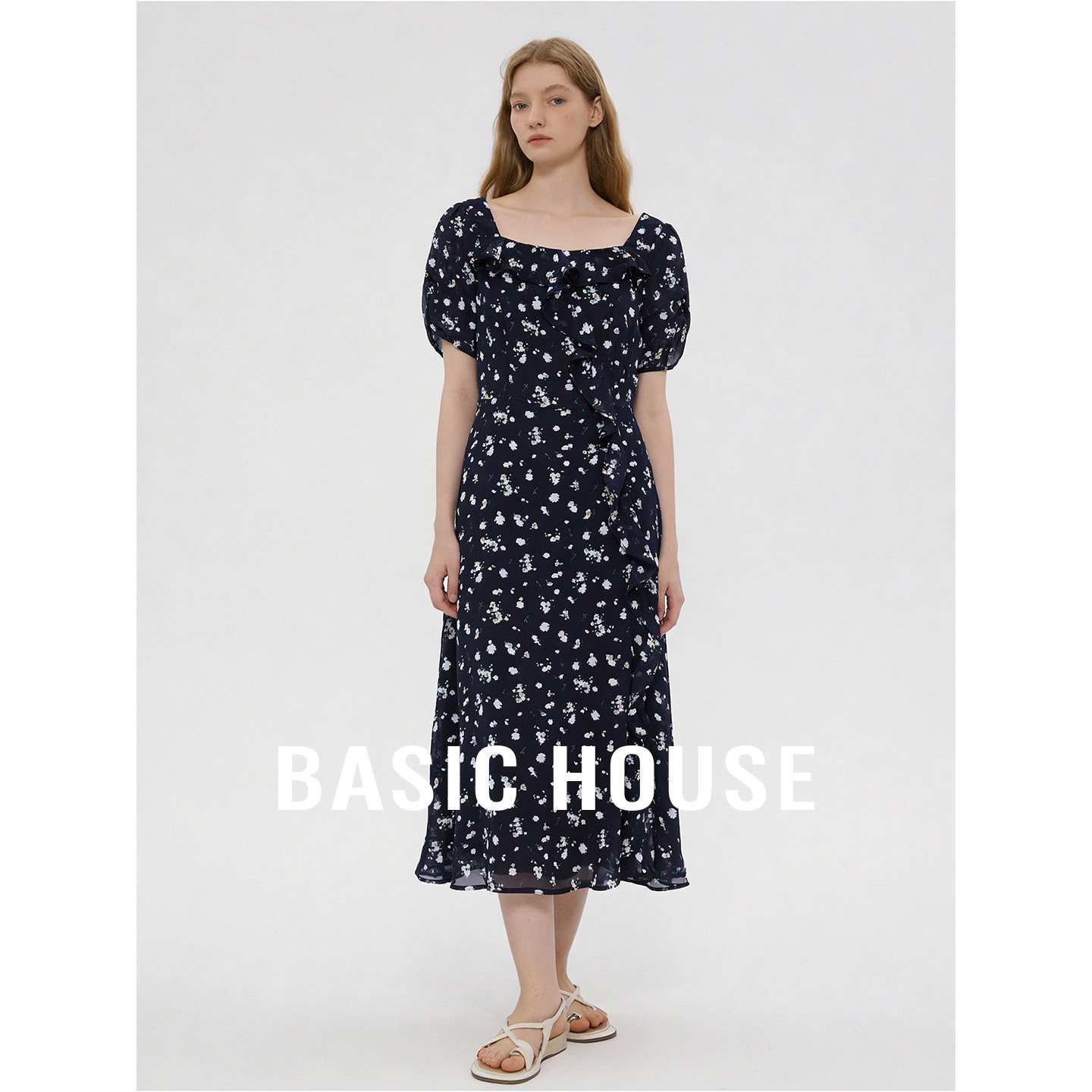 Basic House/百家好方领撞色碎花短袖连衣裙夏季气质收腰长款裙子