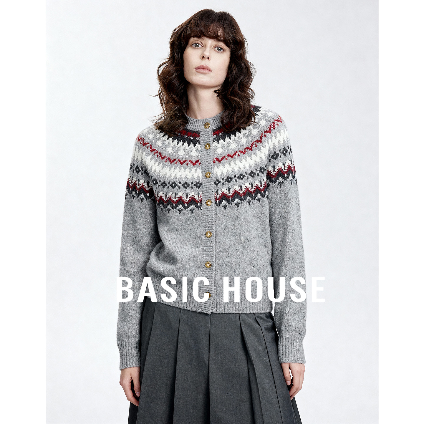Basic House/百家好圆领费尔岛开衫毛衣女秋冬新款保暖超好看内搭