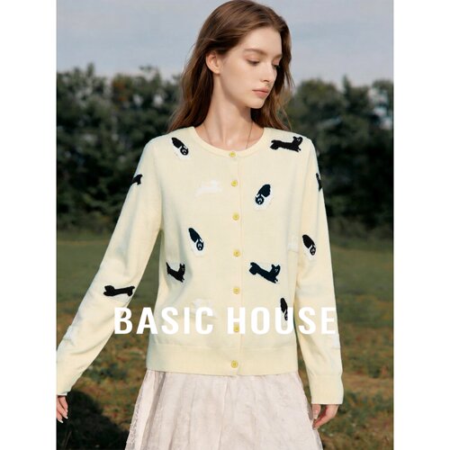 Basic House/百家好可爱动物刺绣圆领针织开衫女秋季宽松短款外套
