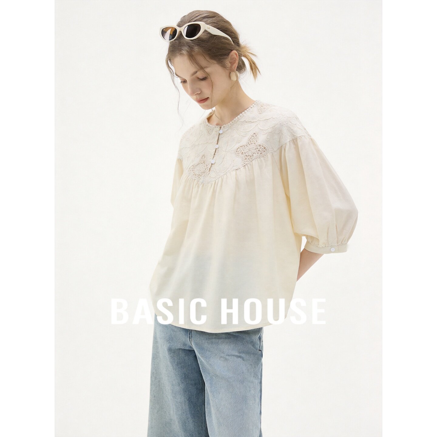 Basic House/百家好法式温柔风蕾丝七分袖衬衫女夏季圆领宽松上衣